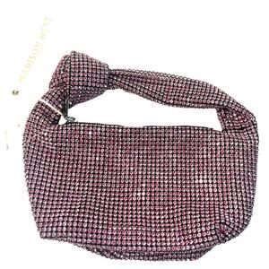 NWT Madison West Knotted Rhinestone Dumpling Evening Handbag Purse in Pink